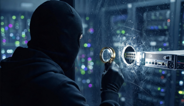 Cyber attacker exploiting security gaps in a business network through an unprotected server endpoint.
